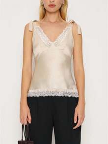 Women's Elegant Silk Satin Tank Top, Fashionable Sleeveless Glossy Blouse, Sophisticated High Neck Formal Office Shirt, Elegant Solid Color Evening Party Vest - 卡其色 - 查看 1