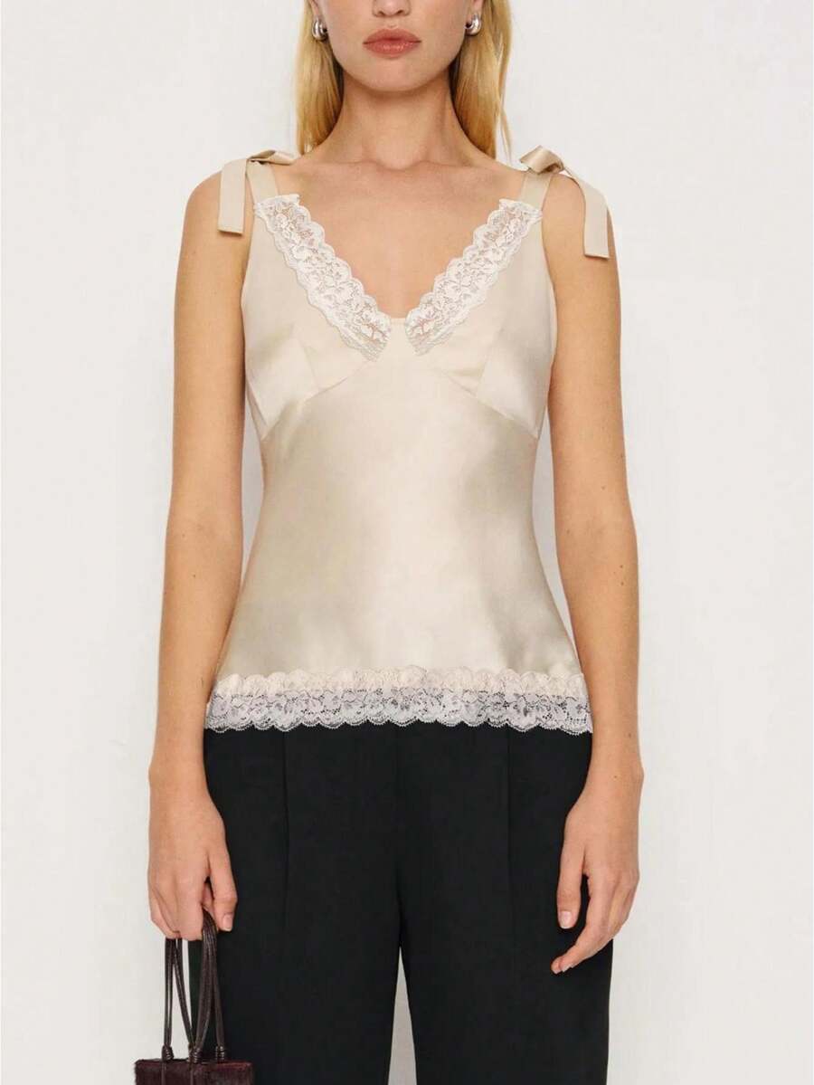 Women's Elegant Silk Satin Tank Top, Fashionable Sleeveless Glossy Blouse, Sophisticated High Neck Formal Office Shirt, Elegant Solid Color Evening Party Vest - 卡其色 - 查看 1