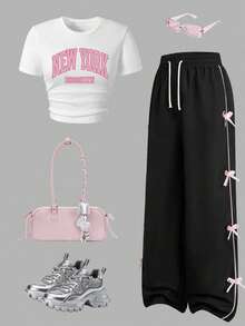 Youth Girl Letter Print Short Sleeve Top And Bow Decorated Long Pants Set - White - View 1