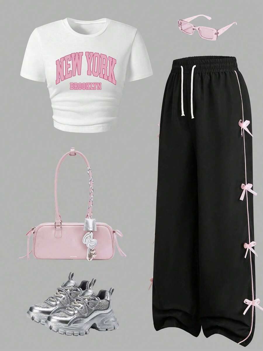 Youth Girl Letter Print Short Sleeve Top And Bow Decorated Long Pants Set - White - View 1