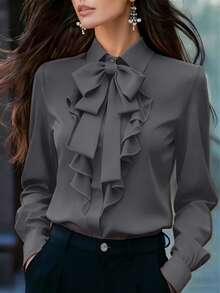 Women's Elegant Long Sleeve Blouse, Dark Grey With Tie Collar, Ruffle And Bow Details, Regular Fit Top, Suitable For Work, Spring, Autumn - Dark Grey - View 2