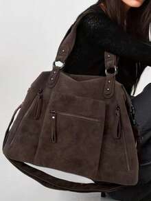 Y2K Personalized Retro Frosted Women's Tote Bag, Large Capacity Front Pocket Street Shoulder Bag, Detachable Shoulder Strap Fashionable Crossbody Bag, Very Suitable For Daily Use - Coffee - View 1