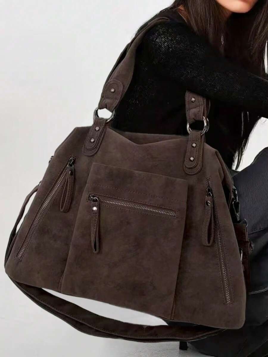 Y2K Personalized Retro Frosted Women's Tote Bag, Large Capacity Front Pocket Street Shoulder Bag, Detachable Shoulder Strap Fashionable Crossbody Bag, Very Suitable For Daily Use - Coffee - View 1