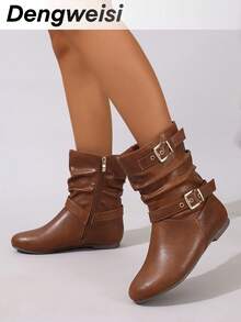 Brown Striped Buckle Pleated Mid-Calf Boots, Side Zipper, Flat Round Toe, Comfortable, Versatile, Suitable For Commute, Daily Wear, Vacation, All Season, Fashion Women's Boots,Cowgirl Boots - Brown - View 7