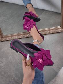 女士时尚仿真花平底便鞋，适合所有季节的穆勒拖鞋，封闭式鞋头 - 玫紅色 - 查看 20