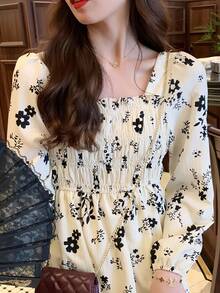 Vestido largo bordado floral para mujer, manga larga, cuello cuadrado, vestido bohemio con bolsillos, vestido de otoño fruncido - Blanco Negro - Ver 6