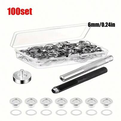 100pcs/Set Grommet Tool Kit, 6mm Inner Diameter Silver Grommets For Clothing, Shoes, Bags, Leather Crafts DIY