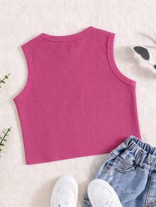 1 pieza Camiseta de niña de cuello redondo de punto acanalado versátil, casual y minimalista, color fucsia - Rosa Fucsia - Ver 2