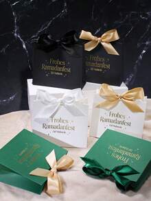 5个装Frohes斋月节开斋节礼盒，优雅纸质礼品包装，配缎带蝴蝶结，奢华方形糖果礼盒，适用于斋月和开斋节庆祝活动，伊斯兰节日礼品包装，可装糖果、巧克力和小礼物，穆斯林派对礼品盒，适合家庭聚会、开斋晚宴餐桌装饰、节日宗教活动包装 - 11.5X4.5X10cm - 查看 2