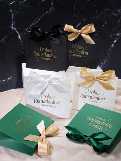 5 st. Frohes Ramadanfest Eid Mubarak presentask elegant papperspresentförpackning med satinbandsrosett, lyxig fyrkantig godisask för Ramadan och Eid Al-Fitr-firande, islamisk högtidspresentinslagning för sötsaker, choklad och små presenter, muslimska festpresentaskar för familjesammankomster, iftar-middagsbordsdekor, festlig religiös evenemangsförpackning