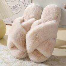 Women's Plush Cross-Strap Slippers, Open-Toe Slippers, Warm Cotton Slippers For Home Wear, Available In Burgundy, Khaki, Pink, White, And Coffee Colors. - 咖啡棕 - 查看 4