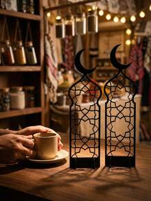 1pc/3pcs Set Crescent Moon Acrylic Desktop Decor, Islamic Style Pattern With Modern Vibe, Suitable For Placing On Desks, Shelves, And Fireplace Mantles. Can Be Used As Islamic Home Decor, Ramadan Decoration, Eid Al-Fitr Ornament, And Ramadan Gift. - Black - View 3