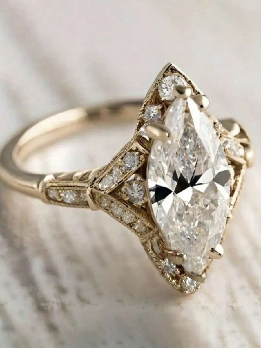 1 chiếc nhẫn đá Cubic Zirconia thanh lịch, kiểu dáng nữ, thích hợp cho đám cưới, lễ đính hôn, kỷ niệm, tiệc tùng và các dịp khác, cũng có thể là quà tặng ngày Valentine. - Vàng - Xem 1