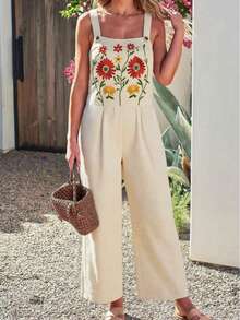 刺绣无袖连体裤，带口袋，女士夏季服装，度假/休闲，新年装扮