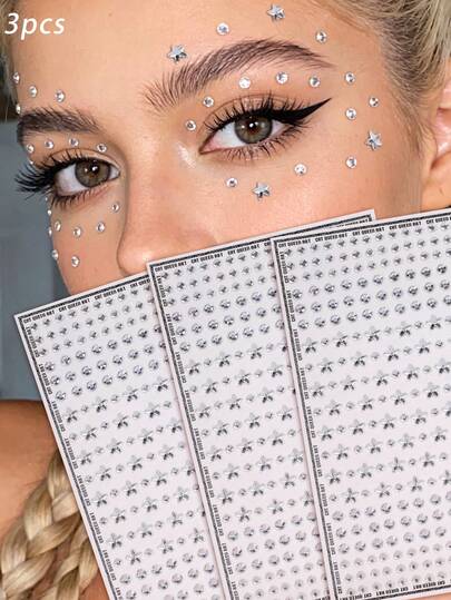 3pcs/2pcs/1pc Multi-Size Combo Pack, Mixed Color/Silver White Star/Round Shaped Crystal Diamond Face & Eye Decor Stickers, DIY, Carnival, Valentine's Day, Halloween, Christmas Gift, Mother's Day, Party, Music Festival, Face & Nail Decoration, Crystal Stickers,Face Gems