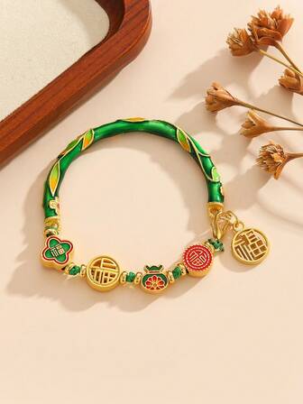 1 pieza Pulsera de joyería con dije de carácter chino de cobre de moda, suerte y felicidad para mujeres y niñas