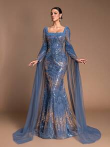 Luxury Pearl Embroidered Sequin Patchwork Square Neck Evening Gown - Mermaid Style Formal Long Dress With Long Shawl Sleeves And Train, Elegant For Formal Ball, Wedding Guest, Celebration Party #Sparkling Charm# Evening Glamour Spring - Dusty Blue - View 6