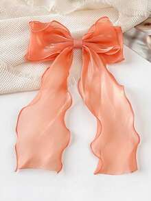 1pc Beige Mesh Hair Clip With Heart Print, Large Bowknot And Spring Clip, Elegant And Gentle Hair Accessory Hair Bow For Spring Valentine's Day, School Stuff, College, Bows, Cute, Hair Accerssories - trái cam - Xem 5
