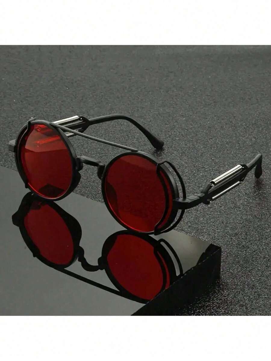 Unisex Steampunk Glasses - Vintage Industrial Style Red Tinted Lenses, Large Round Frame, Suitable Halloween, Role, Gothic Party - Retro Futuristic Party Glasses Men And Women LW3X - 紅色 D - 查看 1