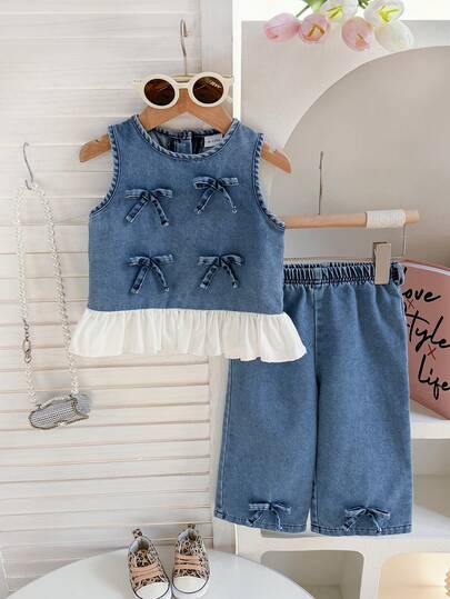 Set de 2 piezas con top de chaleco con decoración de moño y dobladillo con volantes + pantalones rectos con moño casual para niñas bebés, adecuado para uso diario, al aire libre, escuela, ir y venir