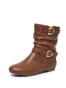 Brown Striped Buckle Pleated Mid-Calf Boots, Side Zipper, Flat Round Toe, Comfortable, Versatile, Suitable For Commute, Daily Wear, Vacation, All Season, Fashion Women's Boots,Cowgirl Boots - Brown - View 4