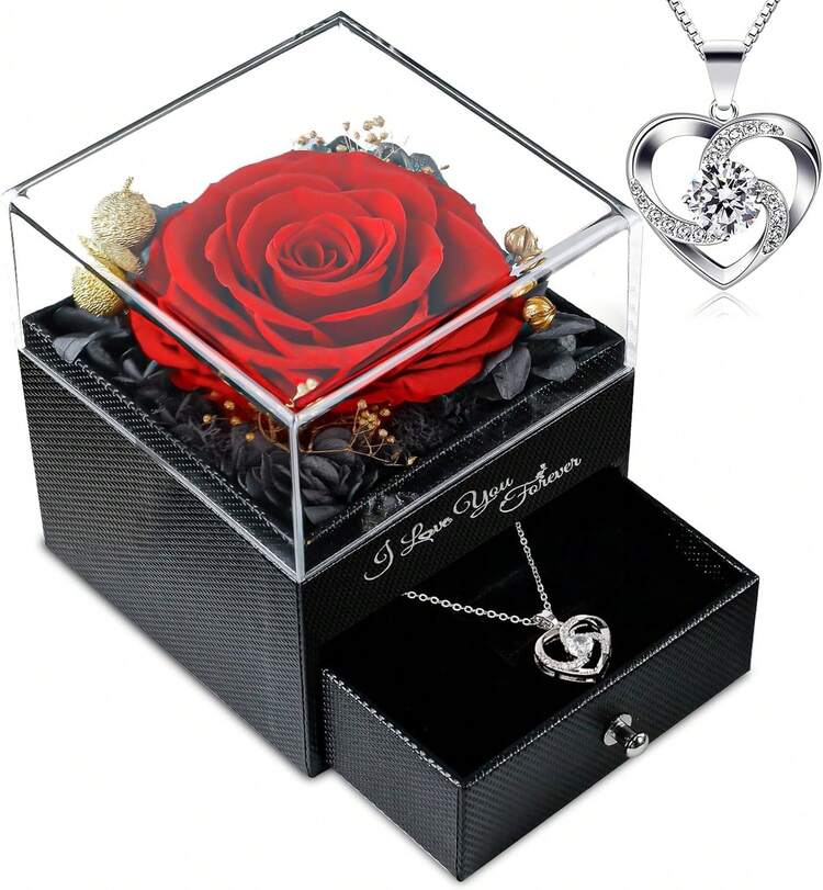 Gifts For Women Birthday, Preserved Real Red Rose With Necklace Gifts For Mom, Eternal Roses Forever Flowers Gifts For Girlfriend Mom Grandma Wife Mother's Day Birthday Anniversary - 藍色 - 查看 1