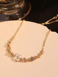 1pc Rhinestone & Cat's Eye & Flower Petal Design Delicate Pull Chain Bracelet Valentines,Mom,Mother,Mother's Day,Gift - Multicolor - View 5