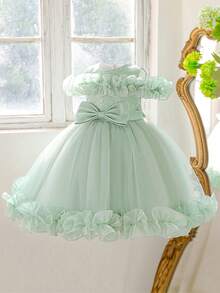 Young Girls' Round Neck Embroidered Sequin Bow Lily Satin Tulle Elegant Birthday Party Princess Dress, Suitable For School Graduation, Prom, Evening Gala, Does Not Include Headband - Green - View 6