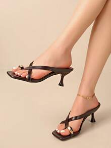 5厘米新款撞色极简坡跟人字拖凉鞋，2025夏季露趾高跟鞋 - 棕色 - 查看 4