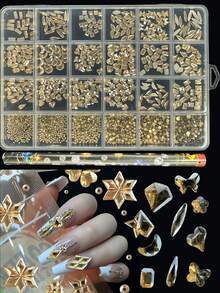 KIRAME 24-Grid DIY Manicure K9 Glass Champagne Flat Rhinestone Set - 20pcs High Gloss Rhinestones Per Style, Includes 1pc Dotting Pen, Nail Gems, Suitable For Nail Salons, Home Manicure, Nail Art Supplies, Christmas, New Year, Valentine's Day Nails, Holiday Gifts, Also For Crafts, Clothing, Textiles, Shoes, Glassware, Jewelry Making - Multi-Size Sparkling Decorations - 香檳色 - 查看 2