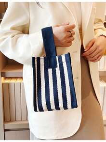 Fashionable Minimalist Women's Small Handbag, Casual Canvas Small Bag, Lightweight Foldable Small Square Bag, Stylish Striped Unique Design, Can Hold Keys, Water Bottle, Phone And Personal Items, Suitable For Outings, Walking, And Carrying Pets - Royal Blue - View 3
