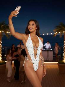 Women's Halter Neck Monokini Swimsuits Fashionable Sleeveless Floral/Solid/Dot Out Bathing Suit Suitable For Beach Vacations, Pool Parties, Or Summer Music Festivals - 白色 - 查看 3