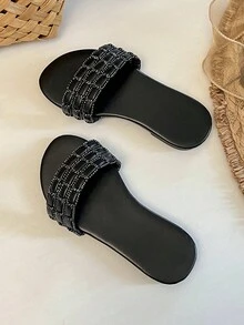 1 par de sandalias planas de estilo de lujo con cuentas tejidas y suela antideslizante de piel de PU para niñas, adecuadas para el Día del Niño, combinación de atuendos de cumpleaños y ocasiones de fiesta de verano - Negro - Ver 3