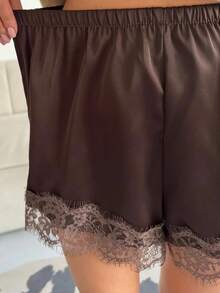 Satin Silk Boxers Shorts For Women Y2k Lace Trim Micro Mini Pajama Shorts French Knickers Low Rise Coquette Lounge Slip Pj Bottoms - 棕色 - 查看 6