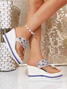 Damen Mode Keilsandalen, Perlen- & Strass-Dekor, Blumenmuster Zehentrenner, Lässig & vielseitig, geeignet für Frühling/Sommer Outdoor und Pendler-Outfits - Blau - Übersicht 6