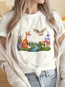 Women's And Men's 100% Cotton Printed Casual T-Shirt With Round Neck And Short Sleeves. Features An Artistic Print Of A Forest Fox, Owl, Mushroom, Garden, Wildlife, And Nature. - 黑色 - 查看 4