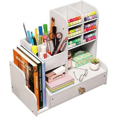 Organizador De Escritorio Con Caja Para Bolígrafos,con 4 Estantes 10 Portalápices Y Cajones Deslizantes,estante Para Guardar Tabletas/Libros/Carpetas, Hogar Escuela Oficina,38197884