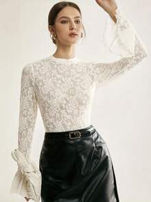 Women's Spring New Floral Lace T-Shirt, Hollow-Out Craftsmanship, Round Neck, Flare Sleeve, Elegant Undershirt/Outerwear - White - View 1