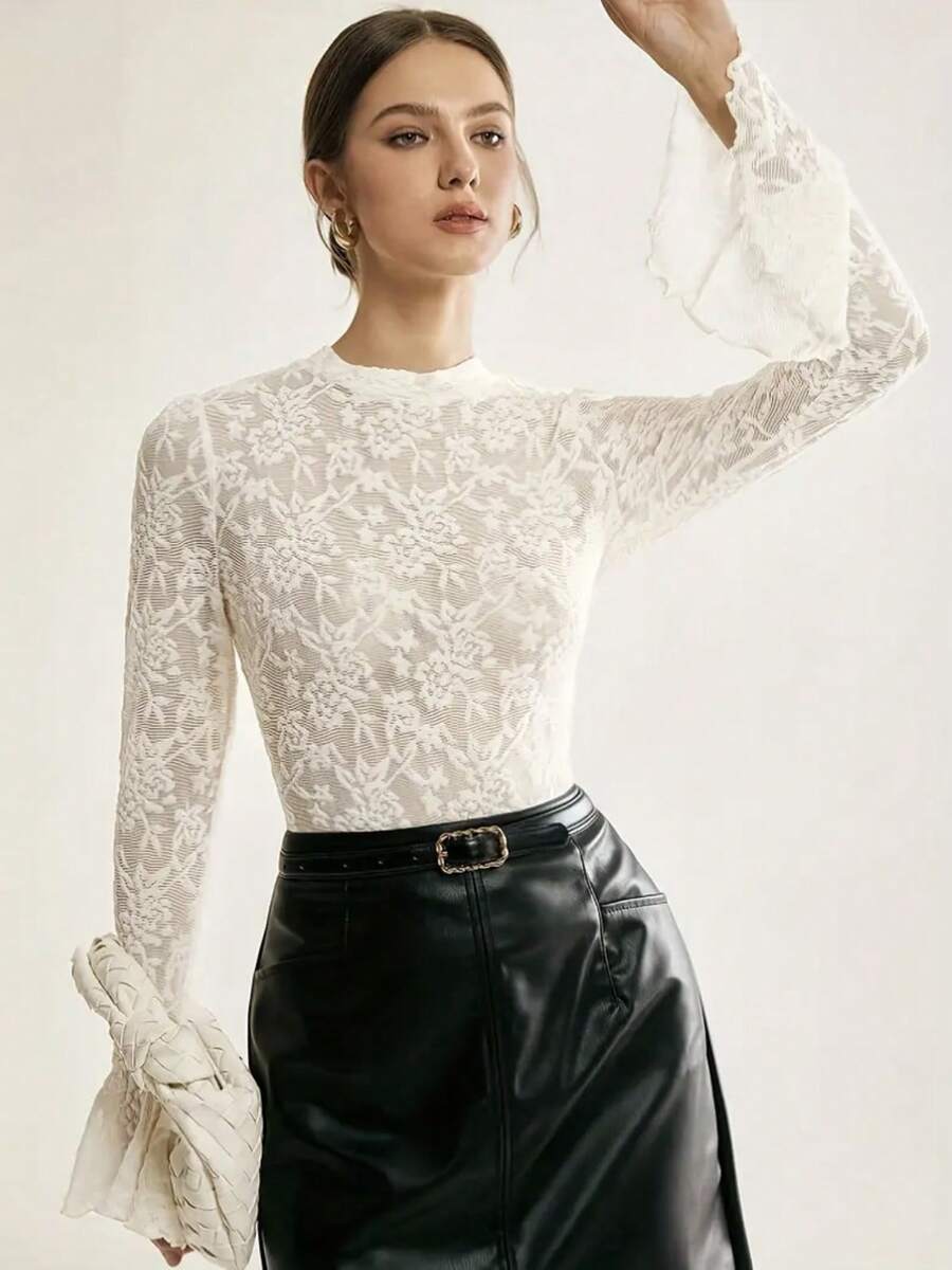 Women's Spring New Floral Lace T-Shirt, Hollow-Out Craftsmanship, Round Neck, Flare Sleeve, Elegant Undershirt/Outerwear - White - View 1