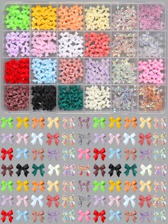 1 Box Assorted Color Ribbon Decorations, Suitable For Spring/Summer, Petite Bow Design For Nail Art Decoration, Japanese Style DIY Mini Bow Nail Accessories, Random Color Mix Nail Art Supplies Charm Nails