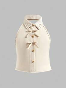 2 peças Conjunto: Top Camisole com Pregas Nas Costas e Decoração de Laço 3D, Combinado com Parte Inferior Correspondente. Decote Bordado Adiciona Toque Elegante. Tecido Leve, Design de Contraste de Cor Sólida para Visual Confortável e da Moda. Adequado para Escola, Atividades Diárias, Passeios Casuais, Mostrando Vitalidade e Elegância Jovens, Apropriado para Várias Ocasiões do Dia a Dia. - Damasco - Visão 5