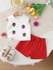 2pcs Girls Strawberry Decor Ruffle Collar/Cuff Sleeveless Top + Red Bow Accent Shorts Set, Cute Casual Outfit For Daily Wear - White - View 2