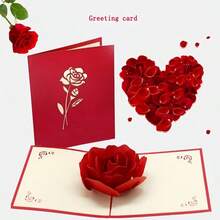 1张3D玫瑰贺卡，情人节礼物 - 浪漫手工周年纪念卡，送给妻子、女友、她 - “我爱你”生日卡，附信封 - 彩色 - 查看 8