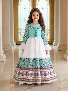 Young Girls Long Sleeve Colorblock Floral Print Stretchy Party Princess Dress, Suitable For Birthday, Holiday, Party, Fabric & Floral Pattern Randomly Cut, Headband Not Included - Multicolor - View 1