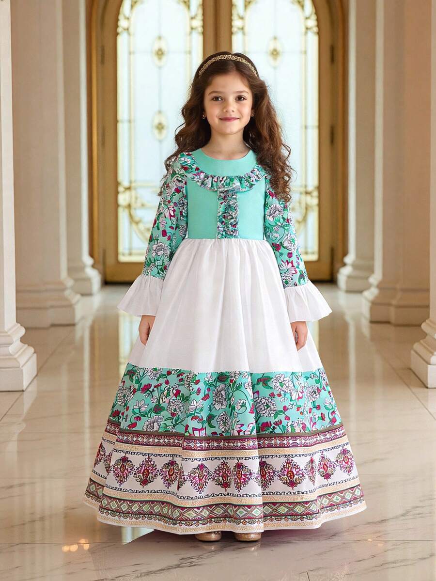 Young Girls Long Sleeve Colorblock Floral Print Stretchy Party Princess Dress, Suitable For Birthday, Holiday, Party, Fabric & Floral Pattern Randomly Cut, Headband Not Included - Multicolor - View 1