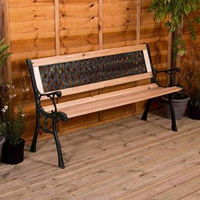 Home Discount Garden Vida Garden Bench Cross Style Design 3 Seater Outdoor Furniture Seating Wooden Slats Cast Iron Legs Park Patio Seat