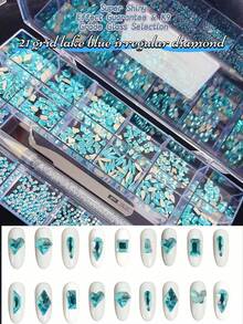 KIRAME 21 Grids DIY Manicure K9 Glass Lake Blue Flat Bottom Rhinestone Set - 30pcs High Gloss Rhinestones Per Style, Includes 1 Dotting Pen And 1 Tweezer, Nail Art Gems, Nail Salon, Home Manicure, Nail Art Supplies, Christmas, New Year, Valentine's Day Nail Art, Holiday Gift, Suitable For Crafts, Clothing, Textiles, Shoes, Glassware, Jewelry Making - Multi-Size Shiny Decorations Nails - 湖藍色 - 查看 6