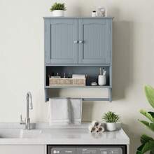 Bathroom Wall Cabinet With Towel Rack, Bathroom Wall Cabinet With 2 Doors And Open Shelves, Toilet Wall Shelf, Bathroom Medicine Cabinet - Light Grey - View 9