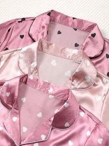 Women's Heart Print Silk Short Sleeve Pajama Set, Sleepwear & Loungewear - Multicolor - View 8