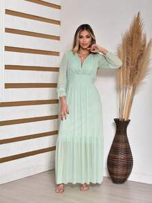 Women's Long Tulle Dress With Long Sleeves For Wedding Party - Mint Green - View 5